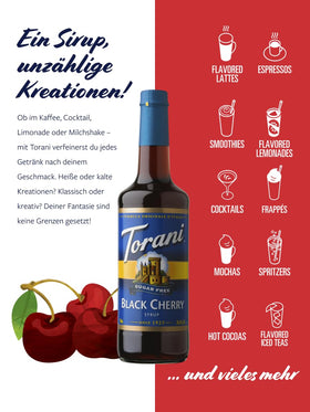 Torani Sugar Free Black Cherry Syrup drizzle on dessert highlights color.