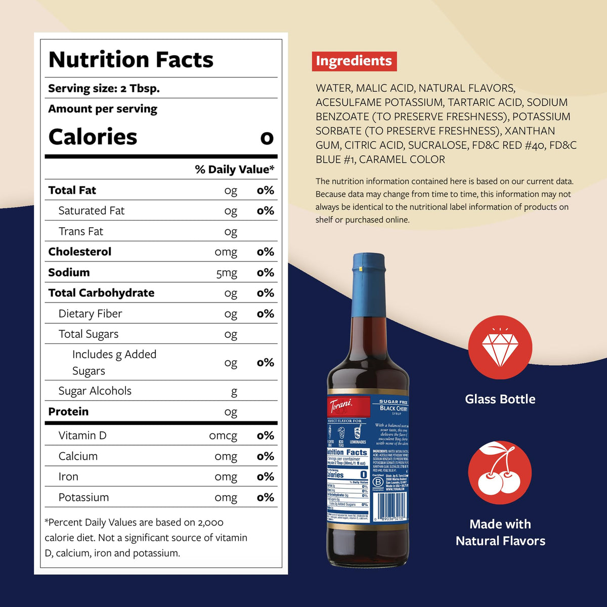 Torani Sugar Free Black Cherry Syrup glass bottle label highlights bold flavor.