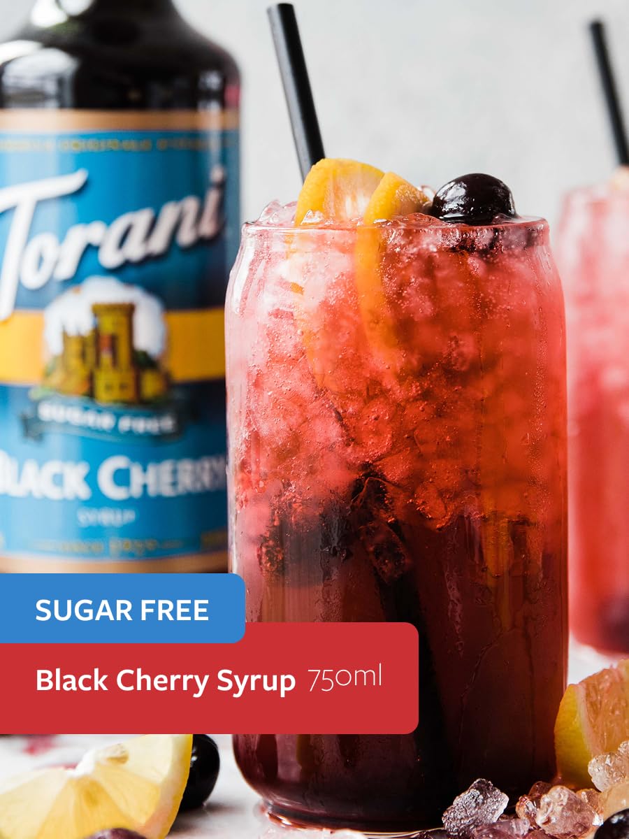 Torani Sugar Free Black Cherry Syrup pour-over showcases rich flavor for drinks.