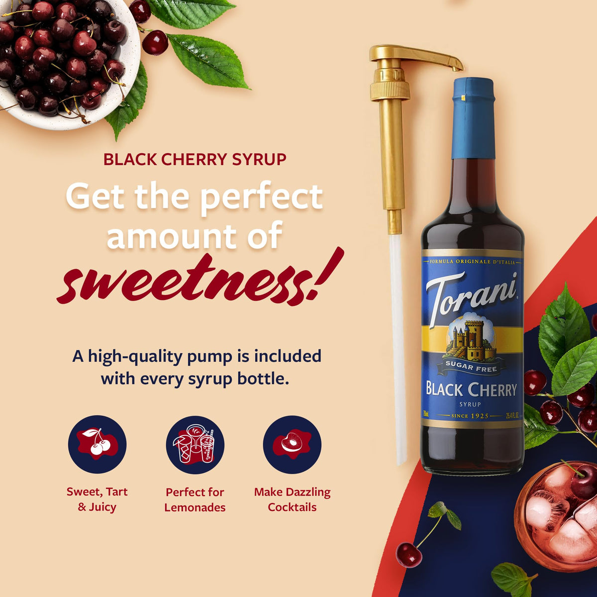 Pouring Torani Sugar Free Black Cherry Syrup into a glass boosts cherry aroma.
