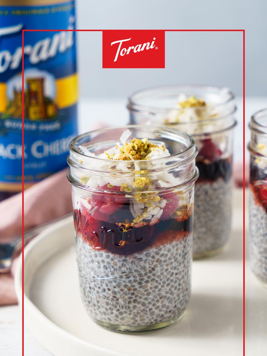 Torani Sugar Free Black Cherry Syrup pump-dispense for easy beverage prep.