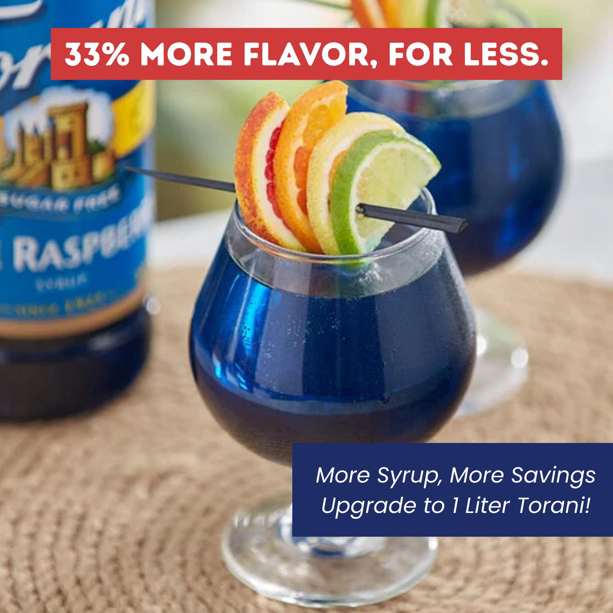 Torani Sugar Free Blue Raspberry being poured into a glass.