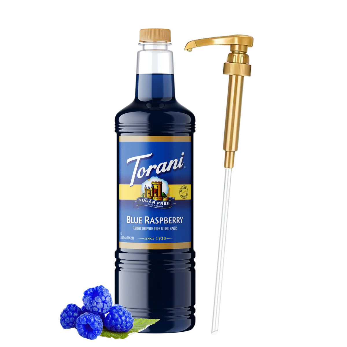 Torani Sugar Free Blue Raspberry bottle with pump for mess-free flavoring.