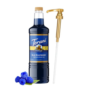 Torani Sugar Free Blue Raspberry bottle with pump for mess-free flavoring.