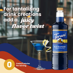 Torani bottle in iced coffee showing smooth mix with dairy.