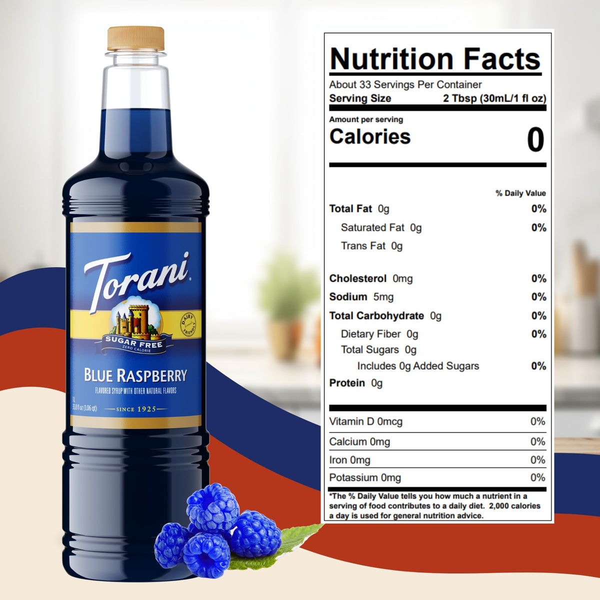 Torani Blue Raspberry syrup in smoothie for fruity flavor boost.