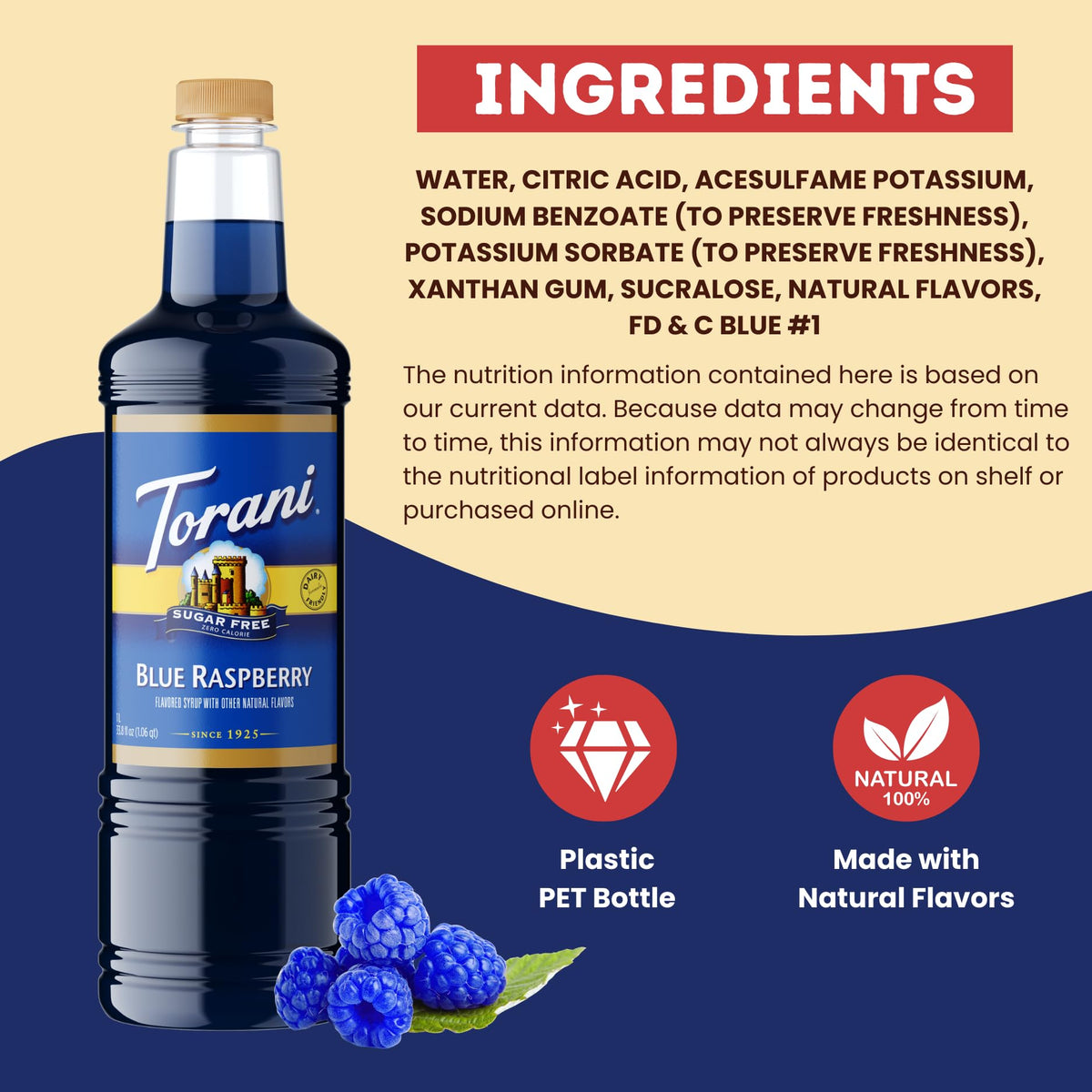 Snow cone topped with Torani Sugar Free Blue Raspberry syrup.