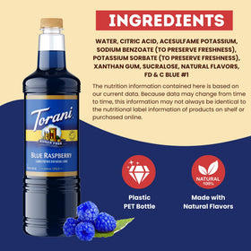 Snow cone topped with Torani Sugar Free Blue Raspberry syrup.