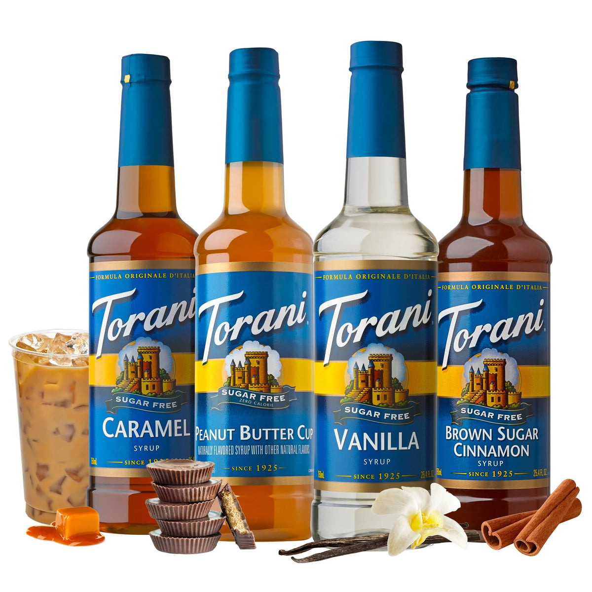 Torani Sugar Free Brown Sugar Cinnamon bottle in a cozy cappuccino setting with zero sugar