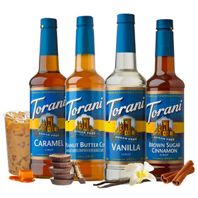 Torani Sugar Free Brown Sugar Cinnamon bottle in a cozy cappuccino setting with zero sugar