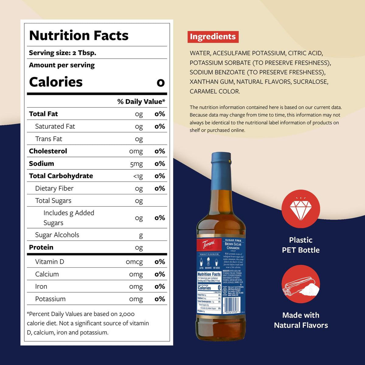 Torani Sugar Free Brown Sugar Cinnamon Syrup bottle on kitchen counter with zero-calorie flavor.