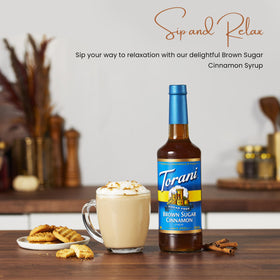 Torani Sugar Free Brown Sugar Cinnamon syrup pour-spout in use