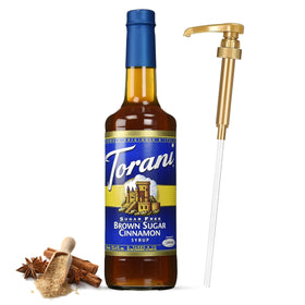 Torani Sugar Free Brown Sugar Cinnamon syrup bottle with pump ideal for coffee sweetness
