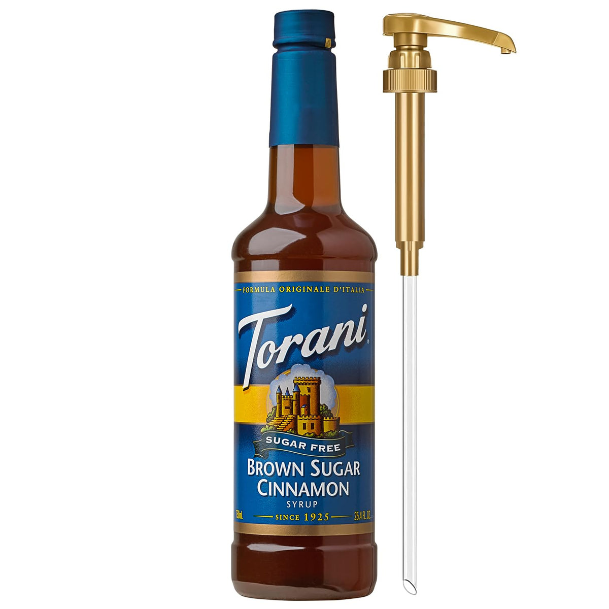 Torani Sugar Free Brown Sugar Cinnamon Syrup pump for easy, mess-free sweetening.