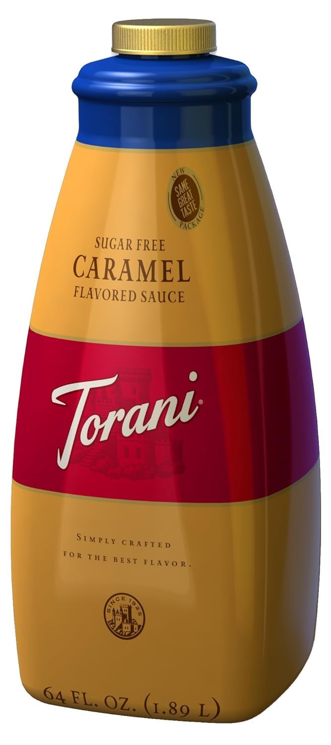 Torani Sugar Free Caramel Sauce 64oz bottle showing rich flavor without sugar