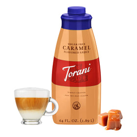 Torani Sugar Free Caramel Sauce label close-up; puremade ingredients for flavorful drinks