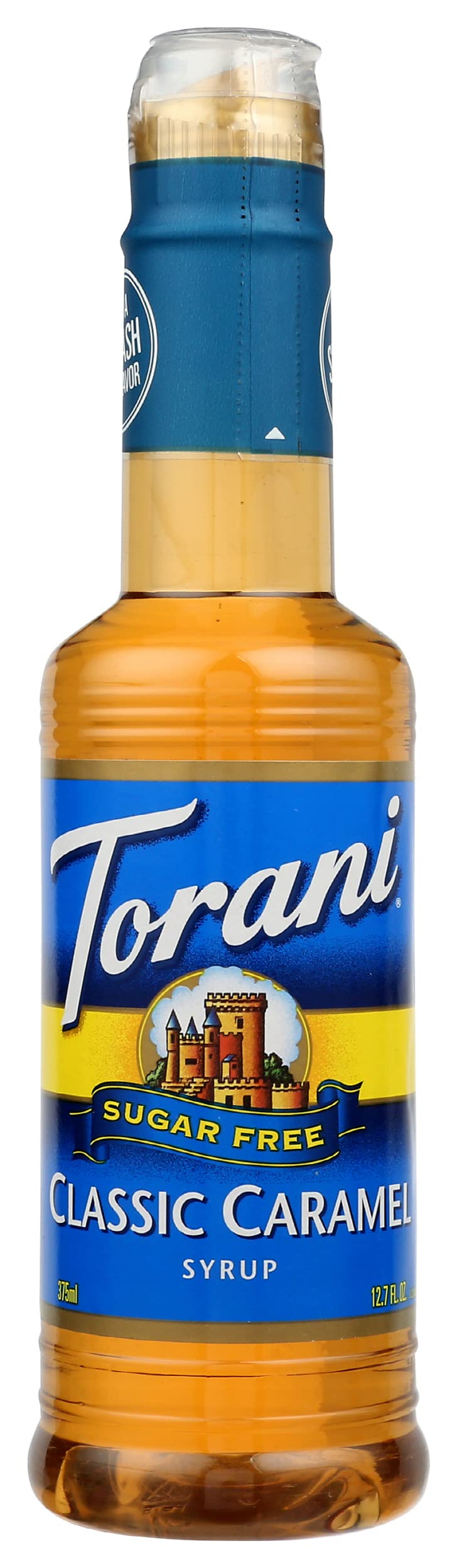 Torani Sugar Free Caramel Syrup bottle poured into coffee for rich flavor