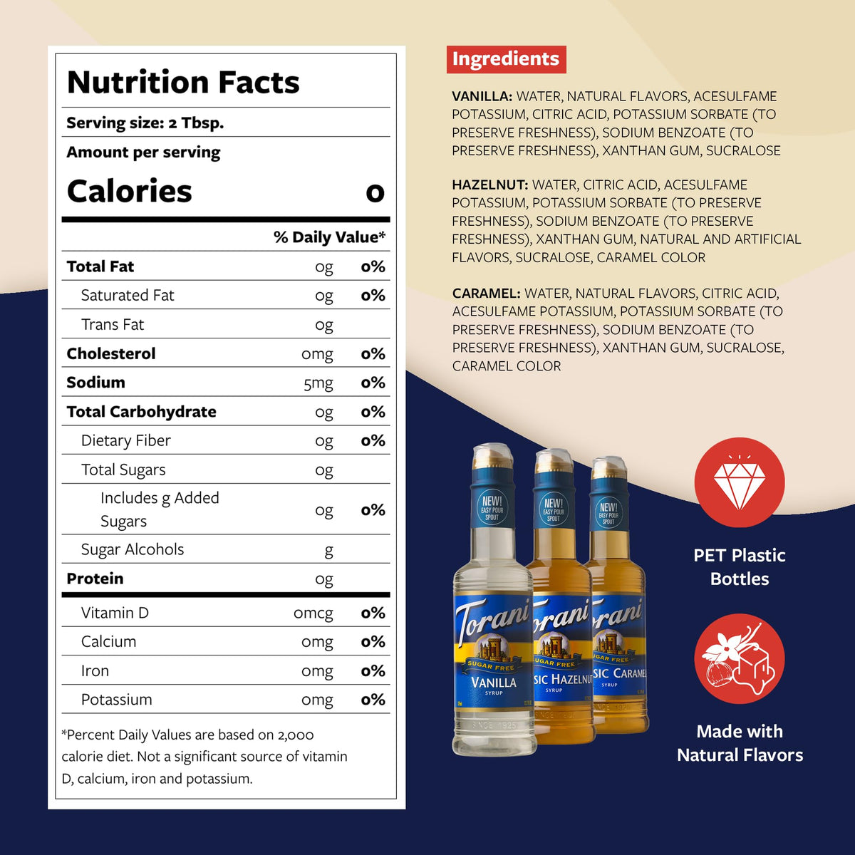 Torani sugar-free caramel syrup bottle adds rich notes to beverages