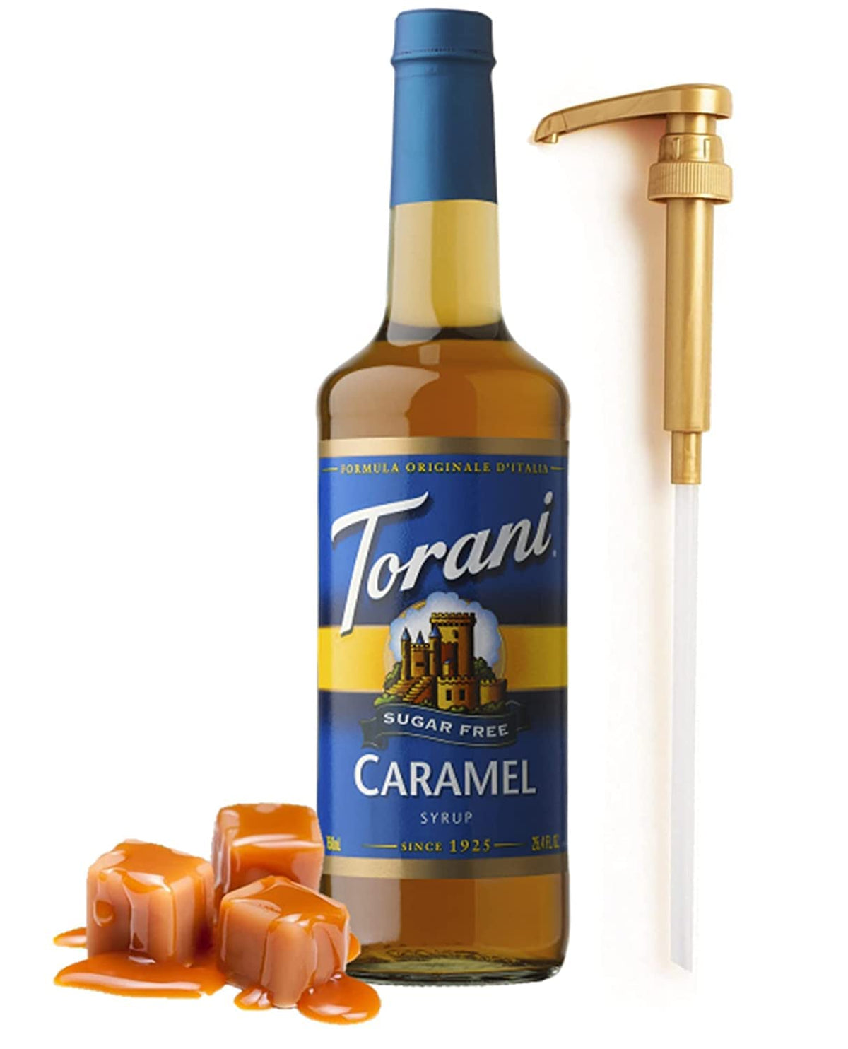 Torani sugar-free caramel syrup pump close-up for precise, mess-free dispensing.