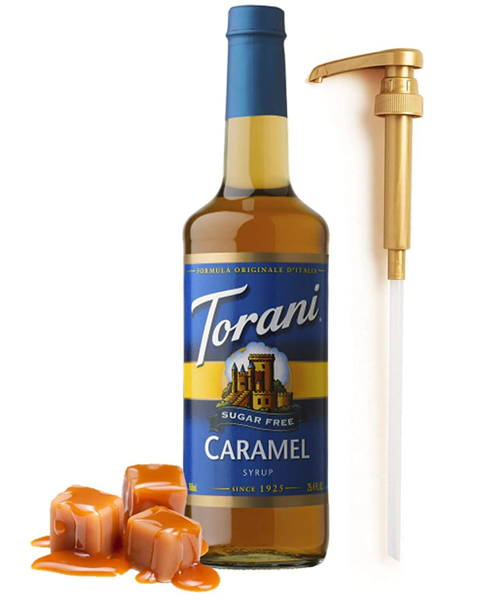 Torani sugar-free caramel syrup pump close-up for precise, mess-free dispensing.