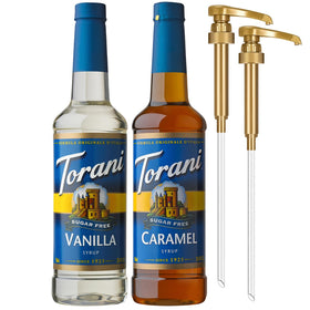 Torani Sugar Free Caramel Syrup bottle with pump for easy sweetness control.