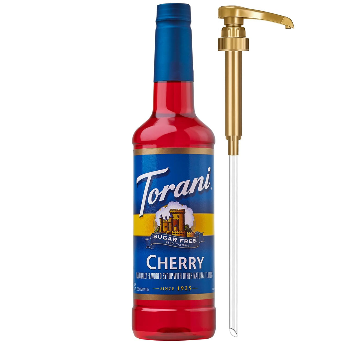 Torani sugar-free cherry syrup bottle with pump for easy cocktail sweetening