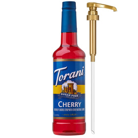 Torani sugar-free cherry syrup bottle with pump for easy cocktail sweetening