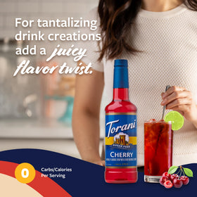 Torani sugar-free cherry syrup in a cocktail setup for vibrant flavor