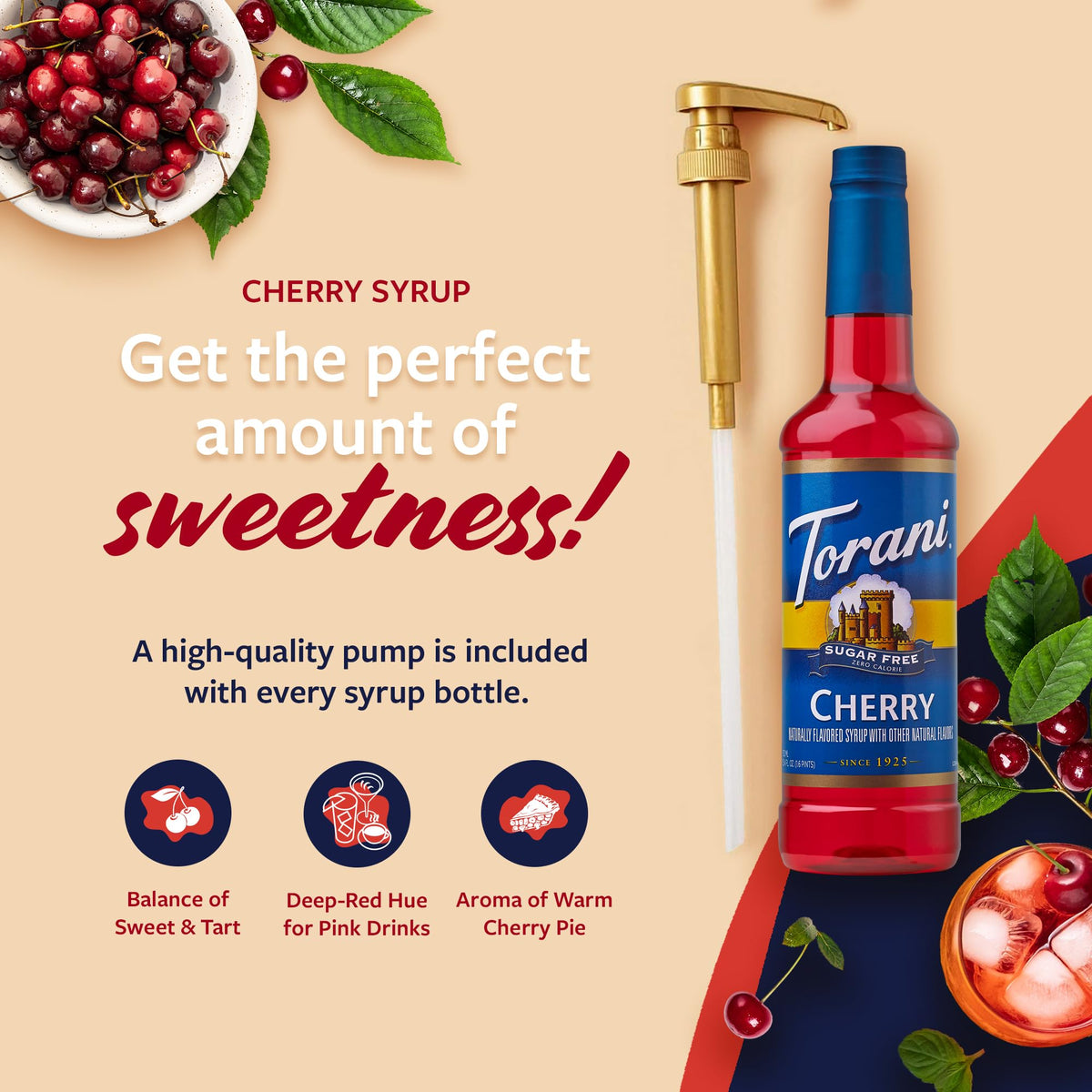 Pump-dispense Torani sugar-free cherry syrup for mess-free pouring