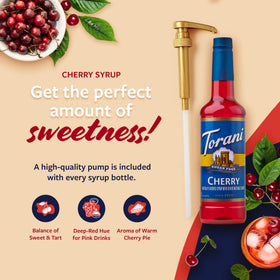 Pump-dispense Torani sugar-free cherry syrup for mess-free pouring