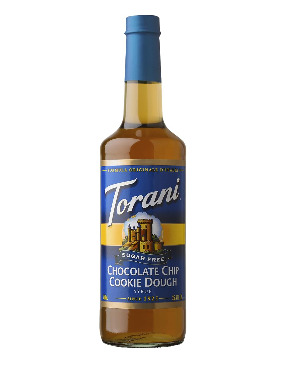 Close-up of Torani bottle highlighting cookie dough flavor notes and sugar-free profile