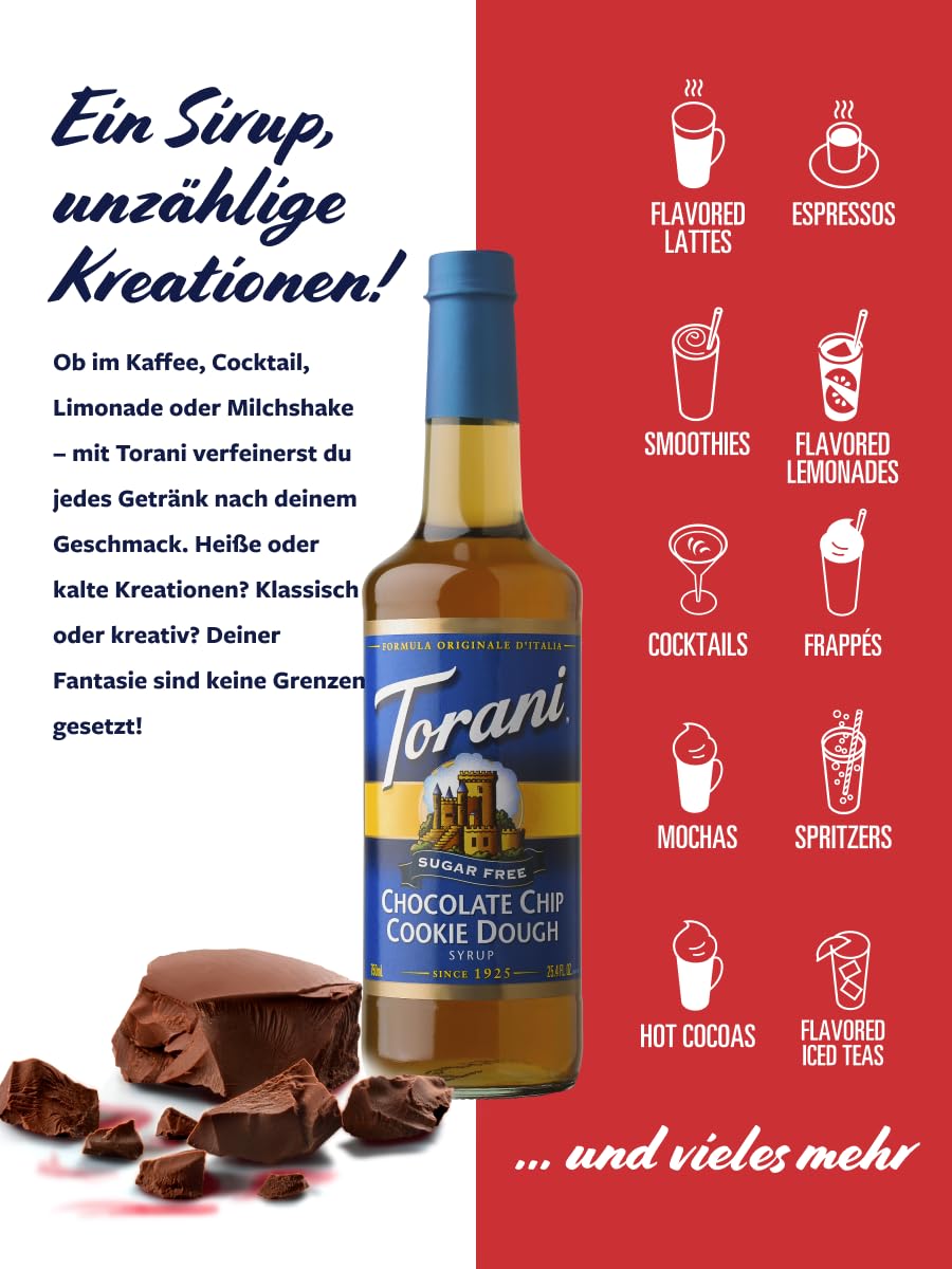 Premium Torani bottle label emphasizes cafe-grade packaging for home use