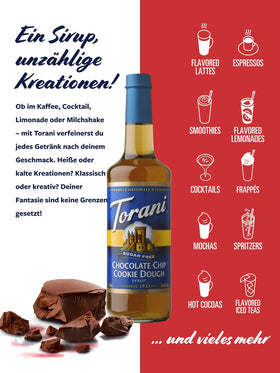Premium Torani bottle label emphasizes cafe-grade packaging for home use