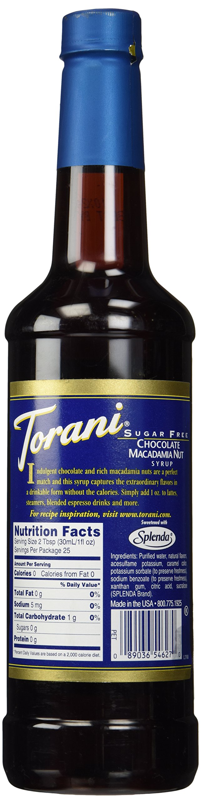 Torani Sugar Free Chocolate Macadamia Nut Syrup bottle close-up showing label and sleek design, perfect for sugar-free recipes.