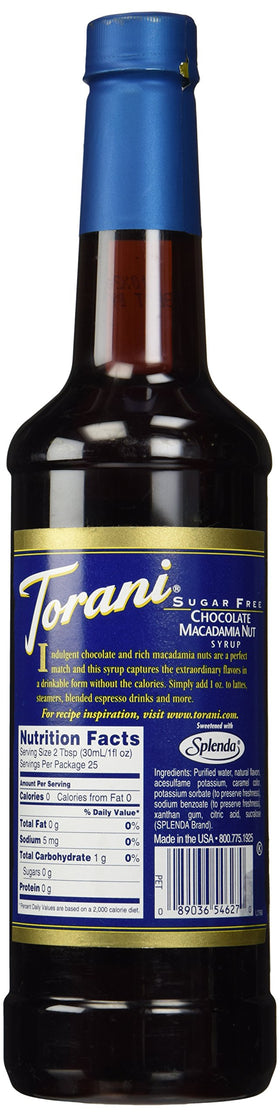 Torani Sugar Free Chocolate Macadamia Nut Syrup bottle close-up showing label and sleek design, perfect for sugar-free recipes.