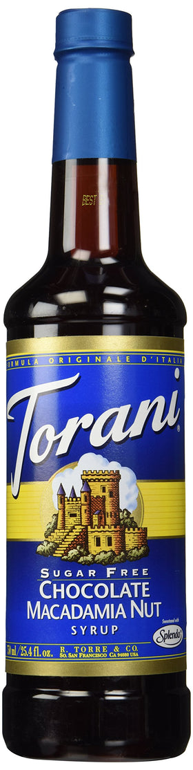 Torani Sugar Free Chocolate Macadamia Nut Syrup bottle being poured, ideal for low-calorie cafe drinks.