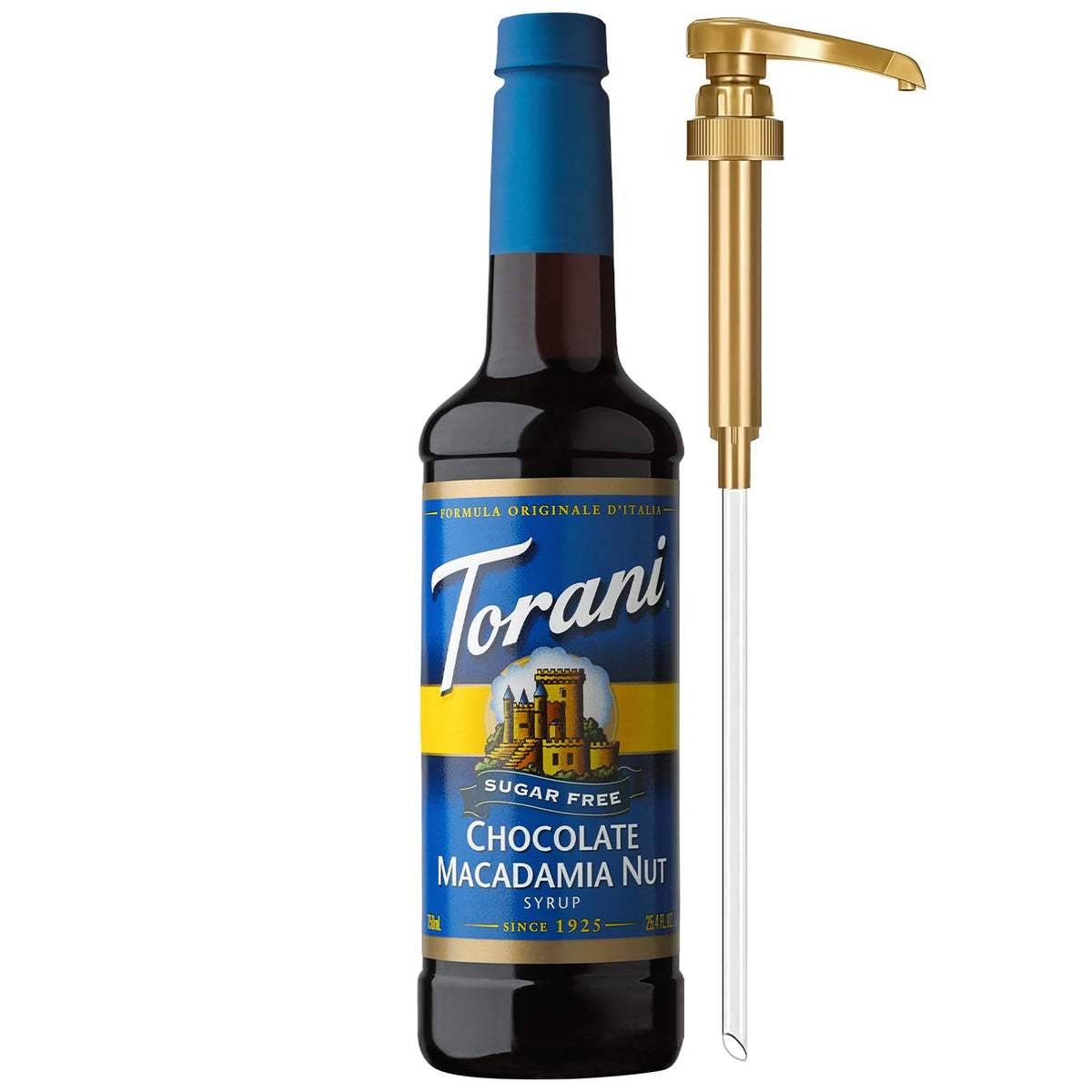 Torani sugar-free chocolate macadamia nut syrup bottle with pump for easy sweetening.