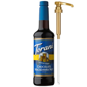 Torani sugar-free chocolate macadamia nut syrup bottle with pump for easy sweetening.