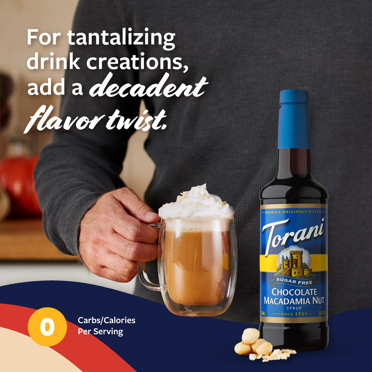 Torani bottle on kitchen shelf ready for daily flavor experiments.