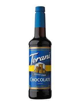 Torani Sugar Free Chocolate Syrup bottle front showing rich flavor for coffee and desserts.