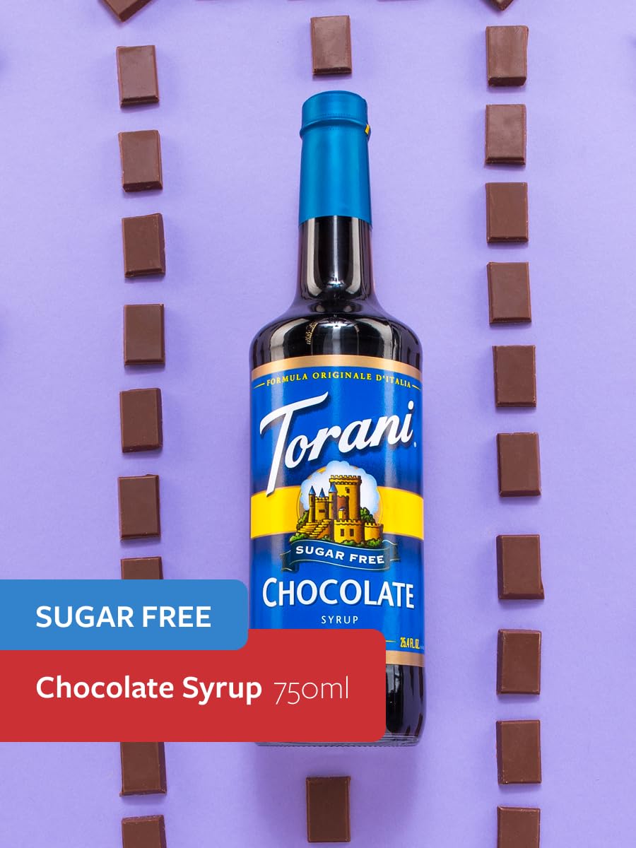 Torani Sugar Free Chocolate Syrup bottle pour adds cocoa notes to hot or iced drinks.