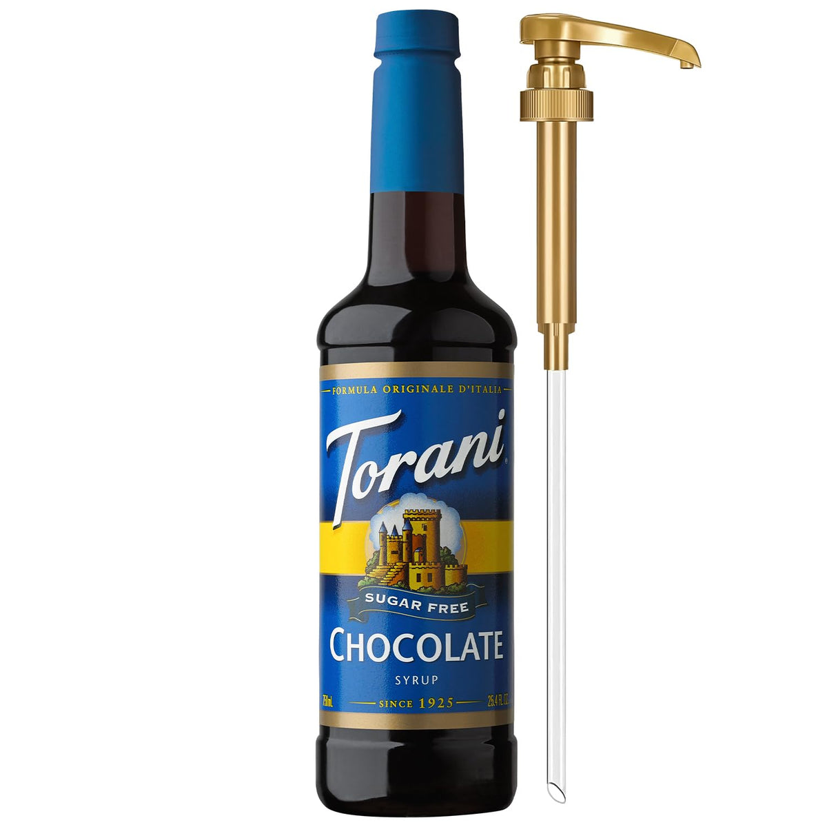 Torani Sugar Free Chocolate Syrup bottle showcases rich cocoa flavor with zero sugar for coffee.