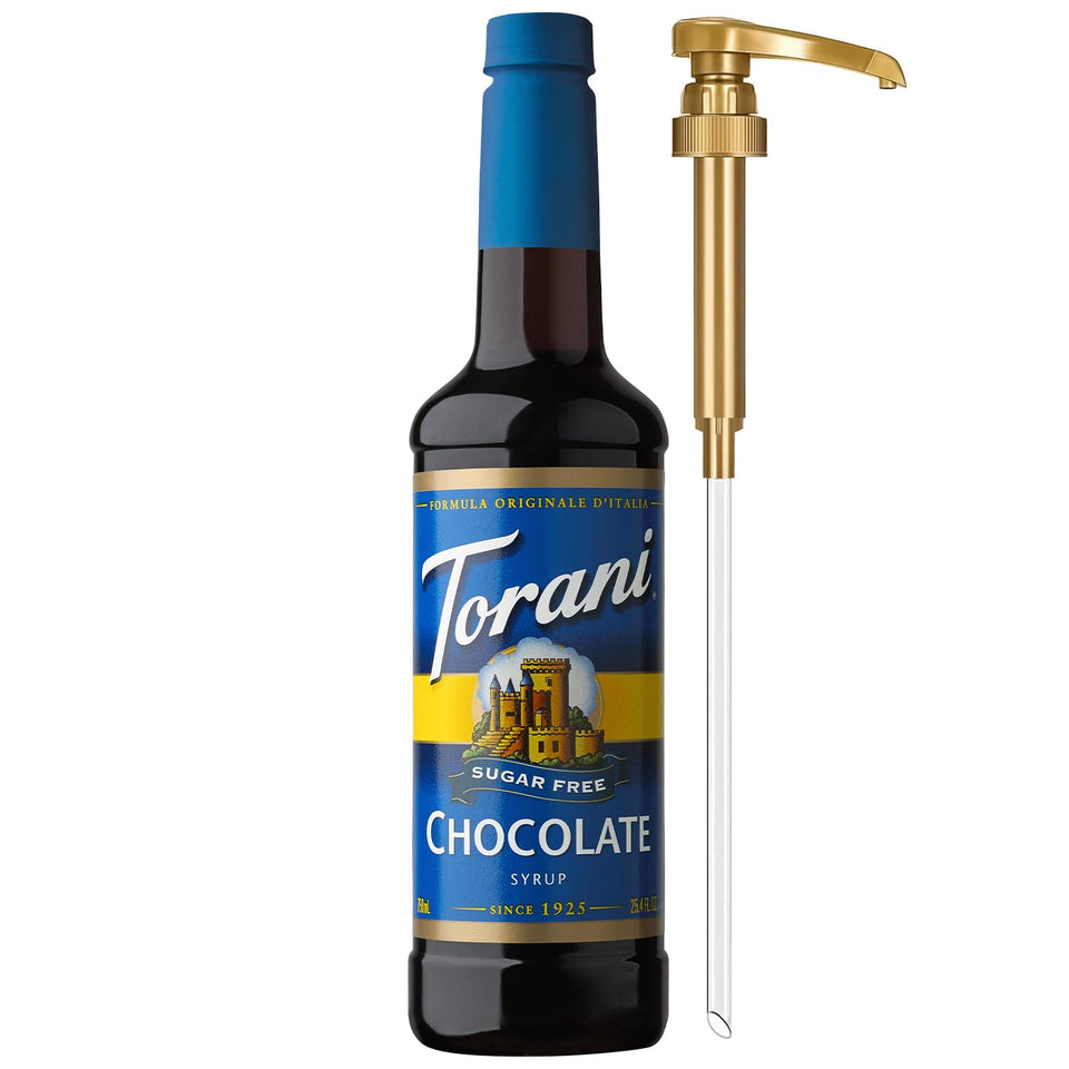 Torani Sugar Free Chocolate Syrup bottle showcases rich cocoa flavor with zero sugar for coffee.