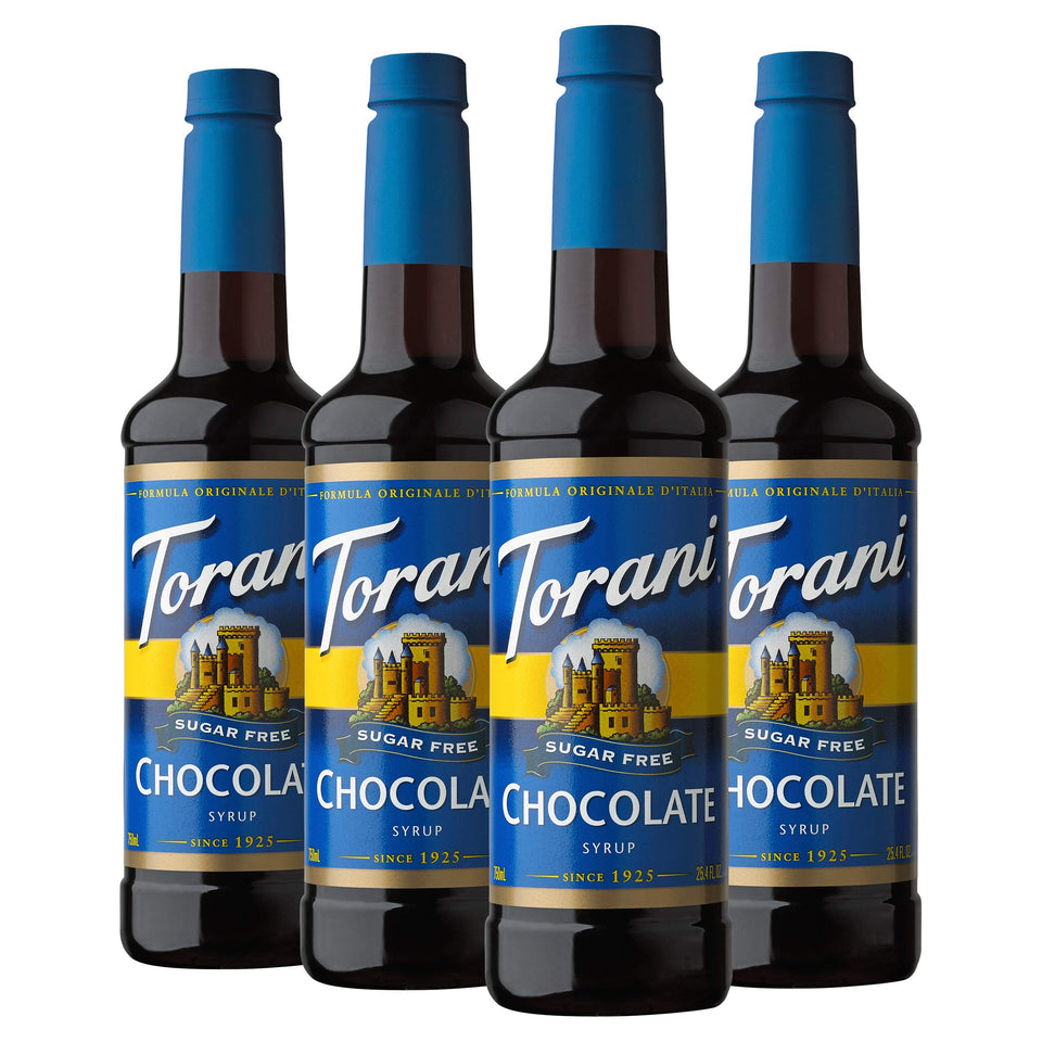 Torani Sugar Free Chocolate Syrup bottle emphasizing calorie-free indulgence for beverages.