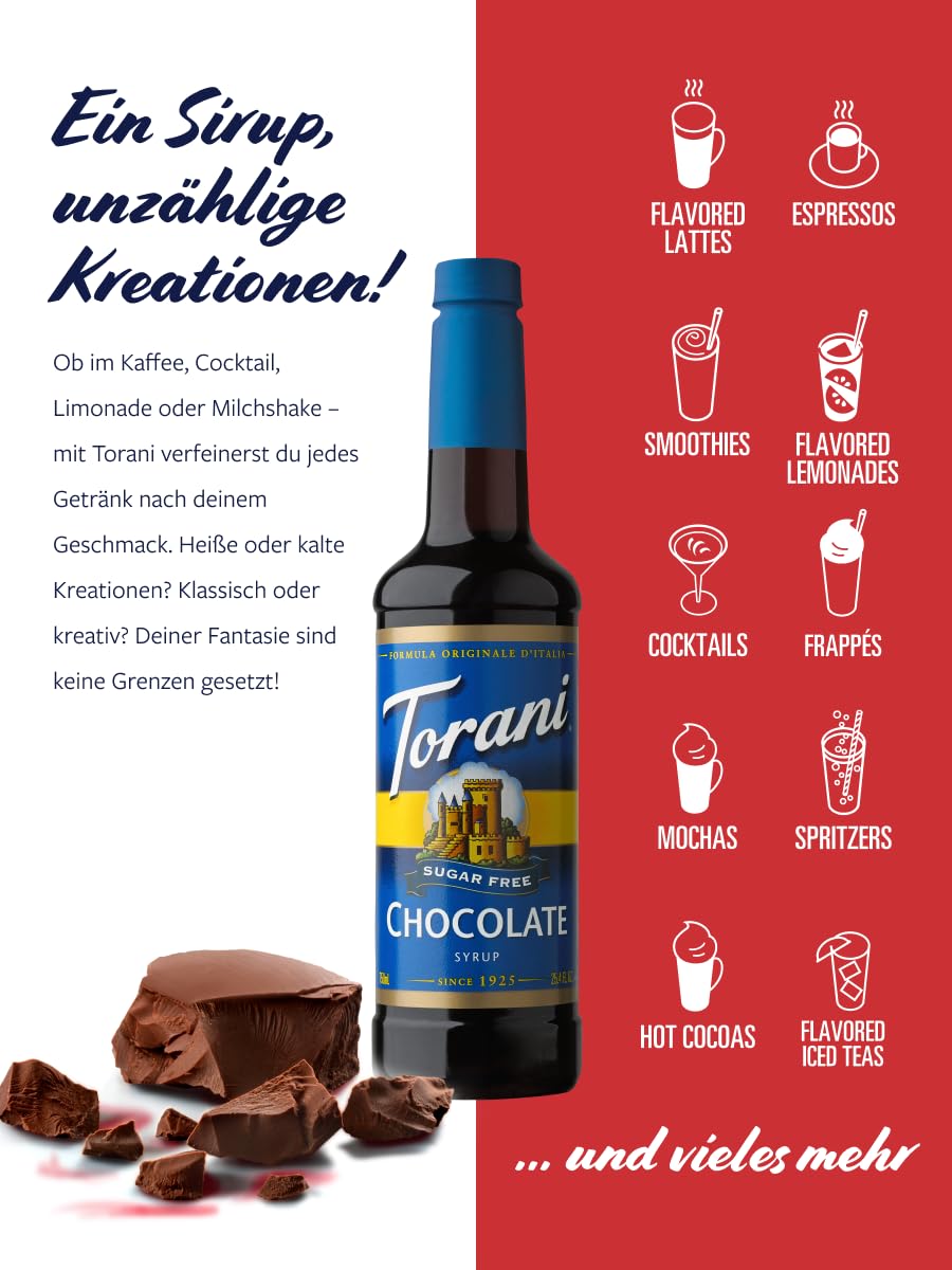 Torani Sugar Free Chocolate Syrup ready to elevate espresso drinks with flavor.