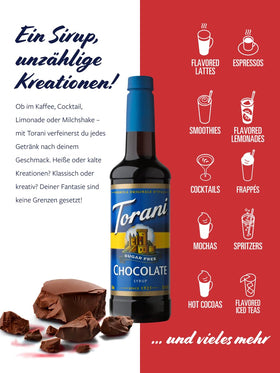 Torani Sugar Free Chocolate Syrup ready to elevate espresso drinks with flavor.