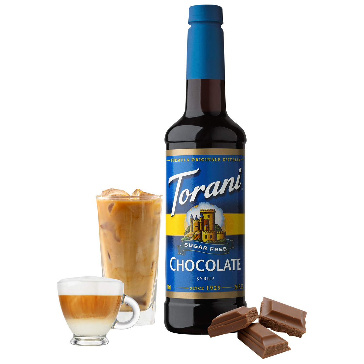 Torani Sugar Free Chocolate Syrup pouring over coffee for latte flavor.