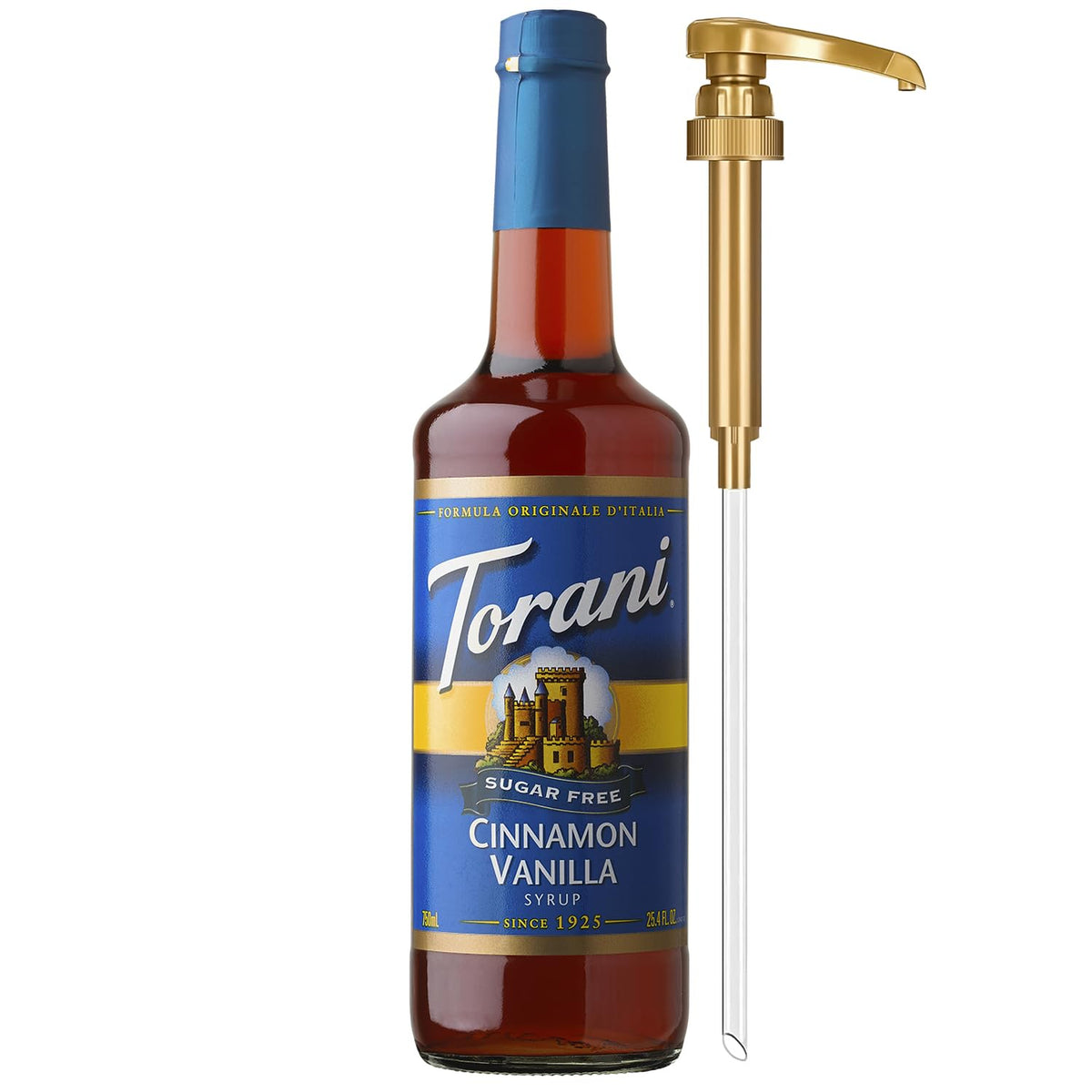 Torani sugar-free cinnamon vanilla syrup bottle with pump for easy calorie-free flavoring