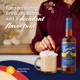 Glass bottle of Torani sugar-free cinnamon vanilla syrup on display
