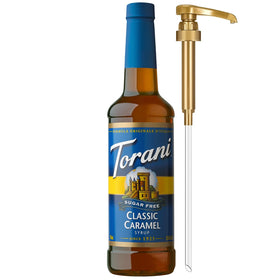 Torani Sugar Free Classic Caramel bottle showcasing calorie-free coffee flavor.